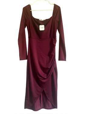 Altar'd State Dress - Burgundy Long-Sleeve Wrap-Front Midi Dress